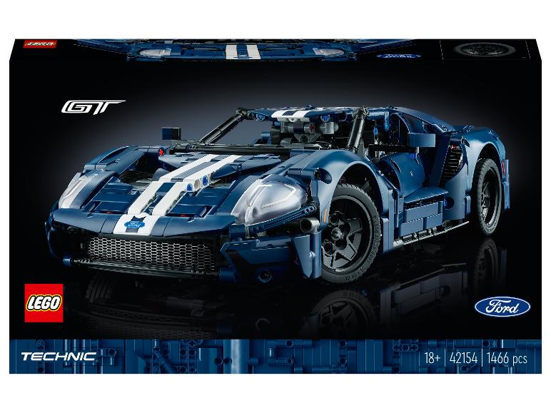 LEGO Technic Ford GT Karton, mit dem zusammengebauten blauen Auto.