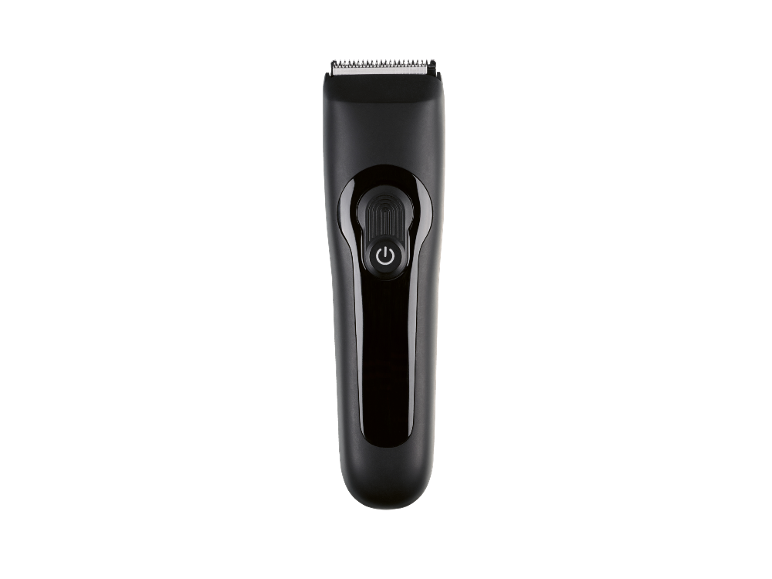 Schwarzer Haarschneider mit silbernen Klingen und Ein-/Ausschalter.