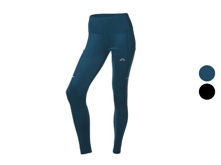 Damen-Sportleggings in Petrol mit Seitentaschen und reflektierenden Details.