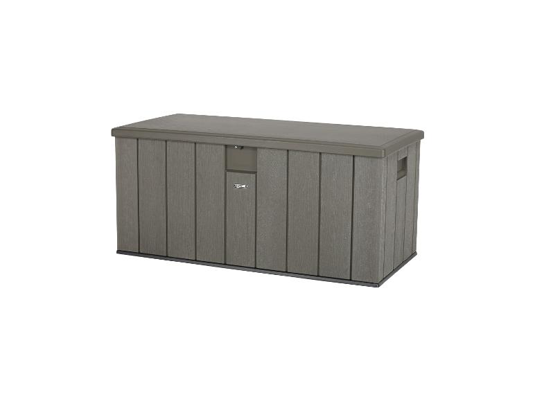 Graue Gartenaufbewahrungsbox mit Holzstruktur und Deckel