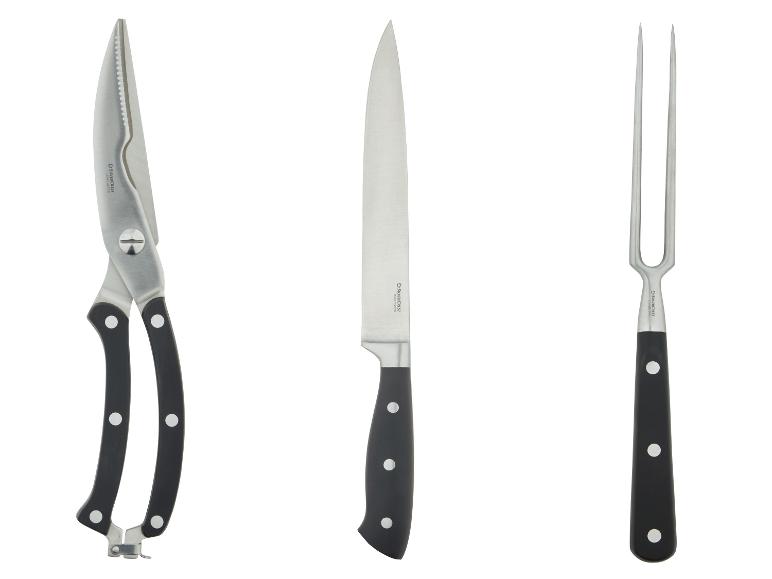 Silvercrest Schere, Messer und Gabel mit schwarzen Griffen.