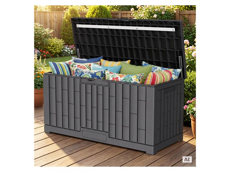 Dunkelgraue Outdoor-Aufbewahrungsbox gefüllt mit bunten Kissen auf einer Holzterrasse.