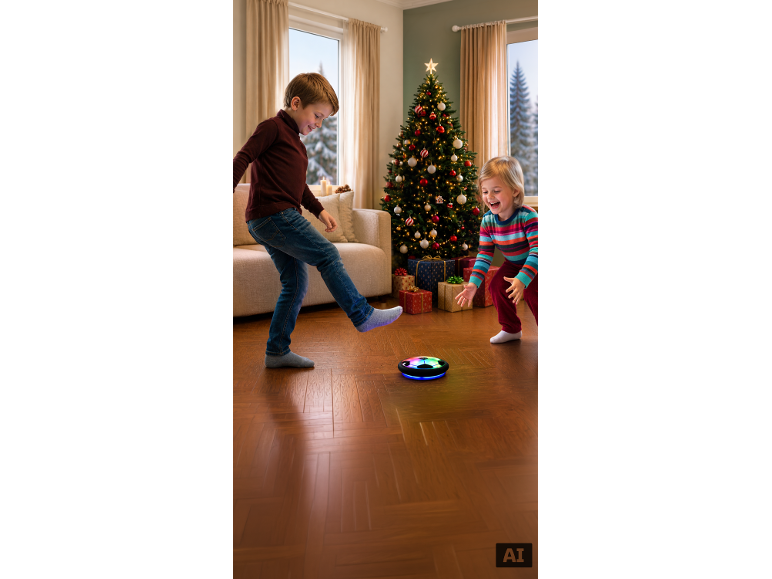 Kinder spielen mit einem leuchtenden Schwebefußball im festlichen Wohnzimmer