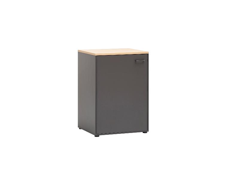 Grauer Schrank mit heller Holzplatte