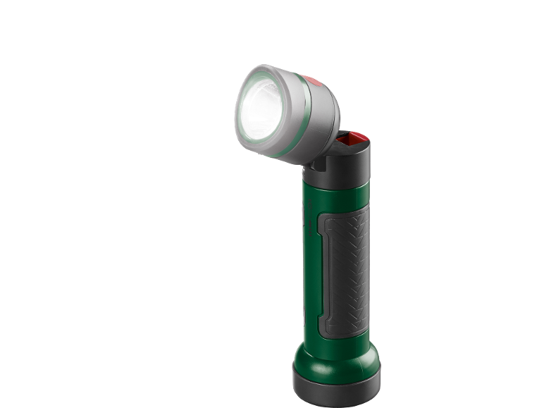 Grüne und graue Winkeltaschenlampe mit leuchtendem Licht.