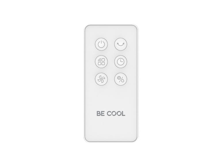 Weiße Fernbedienung mit sechs runden Tasten und dem Text „BE COOL“.