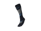 Schwarze Sport-Kompressionssocke mit grauen und blauen Details.