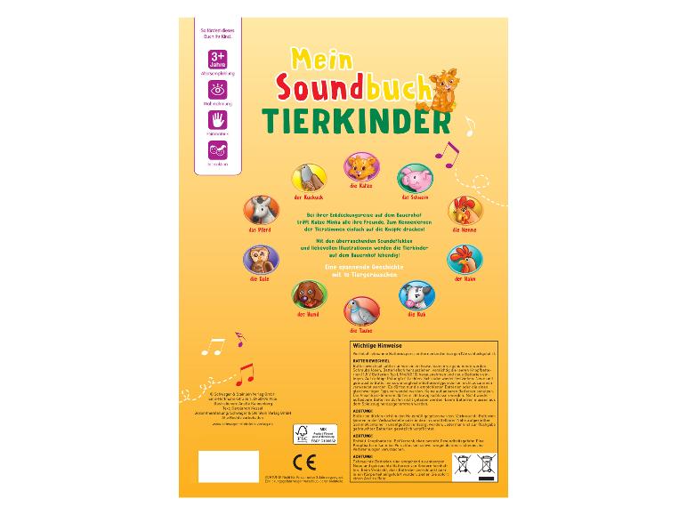 Kinder-Soundbuch 'Mein Soundbuch Tierkinder' mit Tierbildern und Warnhinweisen.