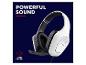 Weiße Kopfhörer mit Mikrofon auf dunkelblauem Hintergrund, mit „POWERFUL SOUND“ und „50MM DRIVERS“.