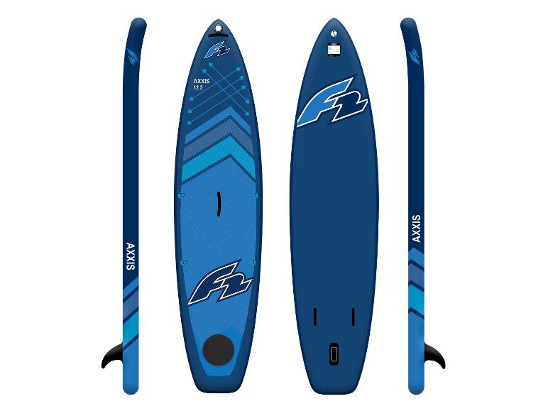 Blaue aufblasbare AXXIS 12.2 SUP-Boards mit F2-Logo, Draufsicht und Seitenansicht.