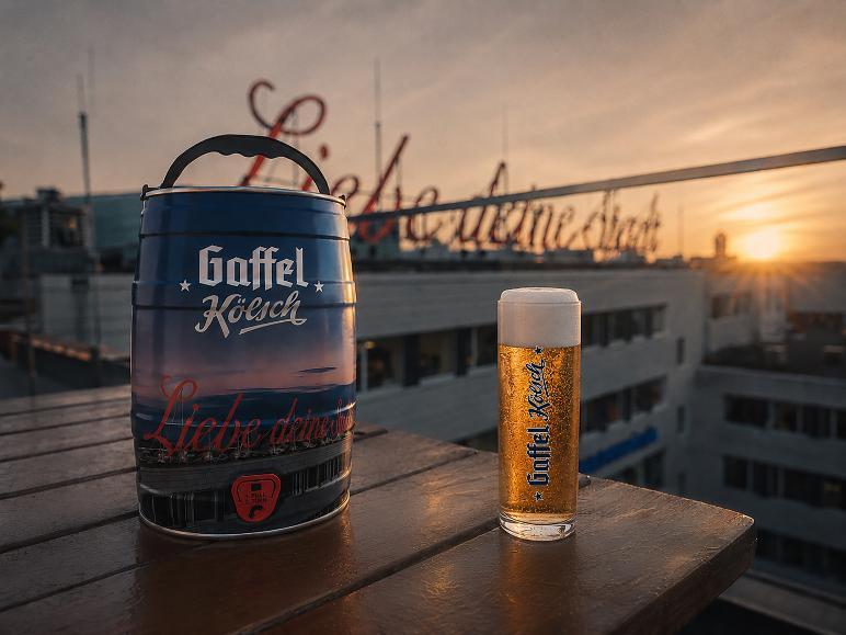 Gaffel Kölsch 5l Dose und ein Glas Bier auf einem Holztisch bei Sonnenuntergang.