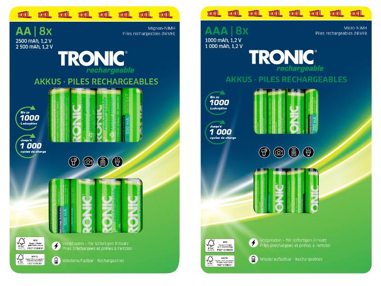 TRONIC wiederaufladbare AA- und AAA-Batterien, 8er-Pack, mit 1000 Ladezyklen.