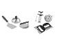 Grillutensilien-Set mit Spatel, Presse, Marinadenspritze, Thermometer und Fleischkrallen.