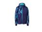 Jungen-Softshelljacke mit Kapuze in Blau- und Violetttönen, mit Reißverschluss und Taschen.