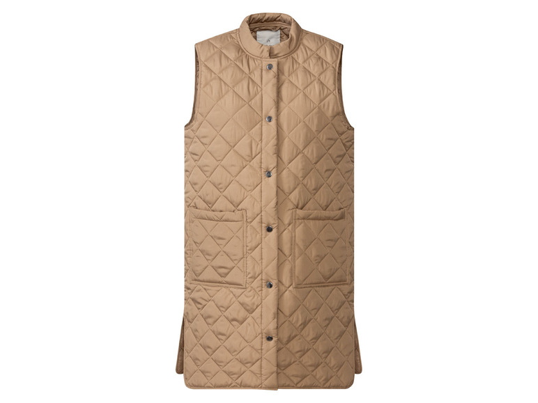 Eine lange, braune Steppweste ohne Ärmel.