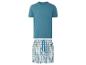 Herrenpyjama: blaues T-Shirt und karierte Shorts.