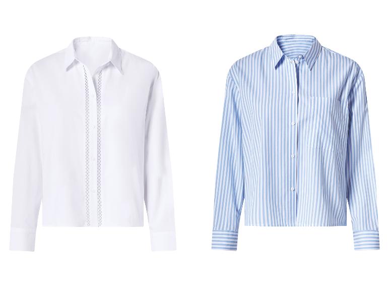Zwei Damenblusen: weiß mit Spitze und blau-weiß gestreift