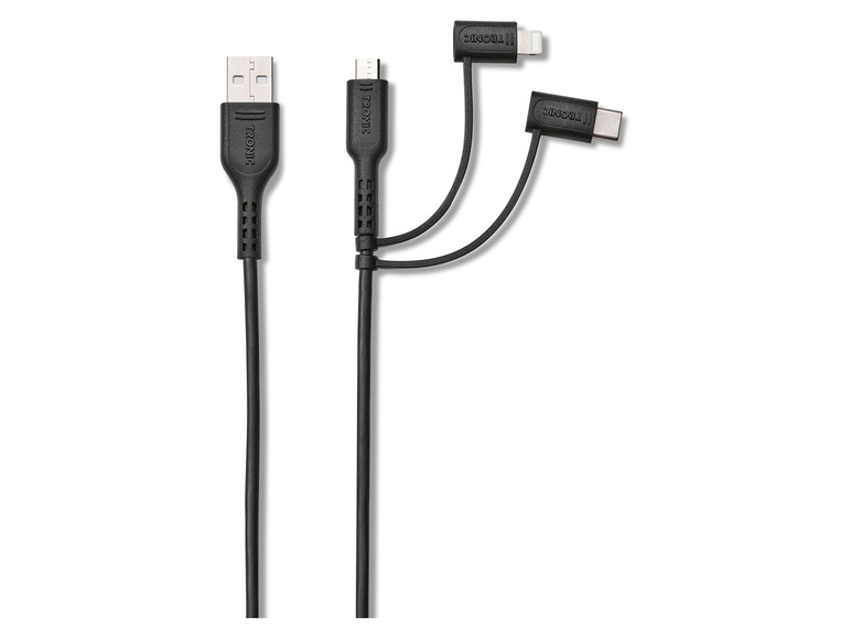 Drei schwarze Tronic-Kabel mit verschiedenen Steckern.