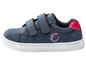 Blaue Sneaker mit Klettverschluss und Einhorn-Motiv.