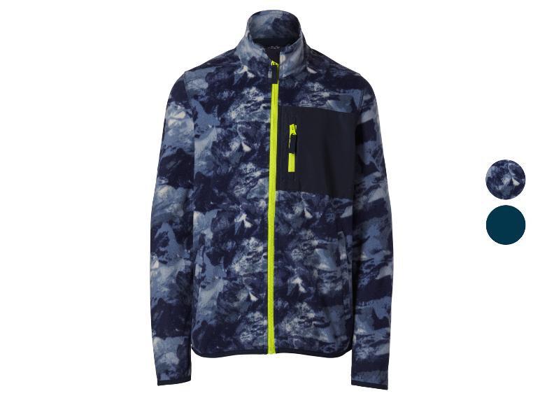 Blaue Fleecejacke mit Camouflage-Muster und leuchtend gelbem Reißverschluss