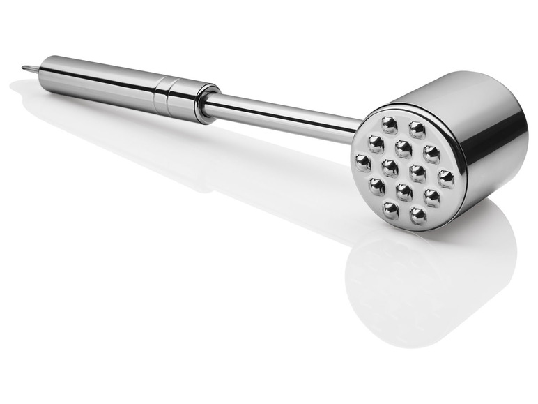 Ein Fleischhammer aus Edelstahl mit einem runden Kopf.