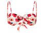 Ein weißer Bikini mit rotem Blumendruck und einer Schleife in der Mitte.