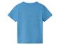 Rückseite eines blauen Baumwoll-Kinder-T-Shirts mit kurzen Ärmeln.