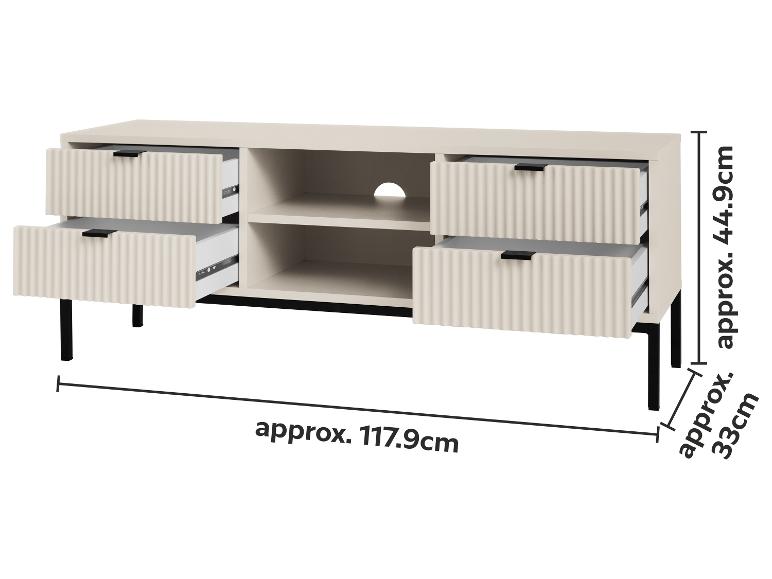 Beiges TV-Lowboard mit vier geriffelten Schubladen und zwei offenen Fächern, Maße: 117.9x44.9x33cm.