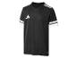 Schwarzes Adidas Sport-T-Shirt mit weißen Streifen an Schultern und Ärmeln.