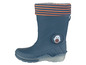 Blaue Gummistiefel mit orangefarbenen Streifen und einem Pinguin.