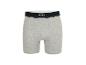 Graue Herren-Boxershorts mit schwarzem Bund und weißer Schrift.