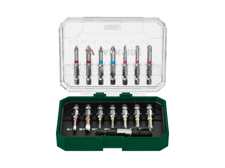 Schraubendreher-Bit-Set in transparenter und grüner Box, inklusive Phillips-, Pozidriv-, Torx- und Schlitzbits.