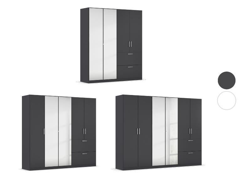 Drei anthrazitgraue modulare Kleiderschränke mit Spiegeltüren und Schubladen.