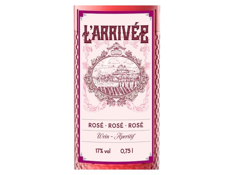L'Arrivée Roséwein-Etikett mit Landschaftsillustration und Angaben zu Volumen und Alkohol.