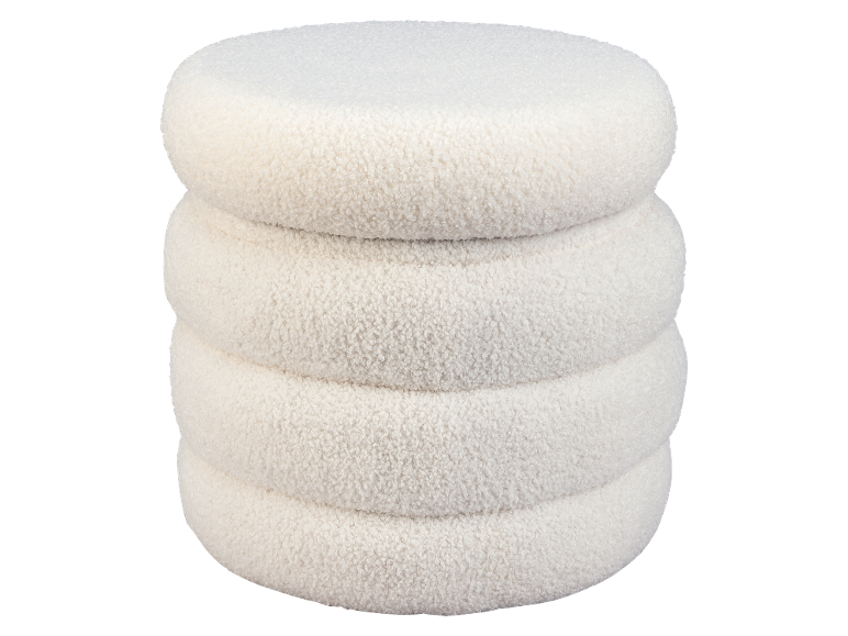 Runder weißer Bouclé-Pouf mit geschichtetem Design.