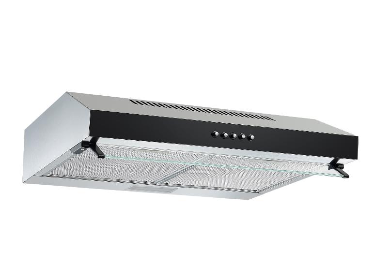 Dunstabzugshaube aus Edelstahl mit schwarzem Bedienfeld und Netzfiltern