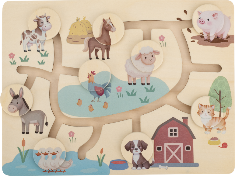 Holz-Bauernhof-Tier-Labyrinth-Puzzle mit Kuh, Pferd, Schwein, Schaf, Hahn, Esel, Enten, Katze und Hund.
