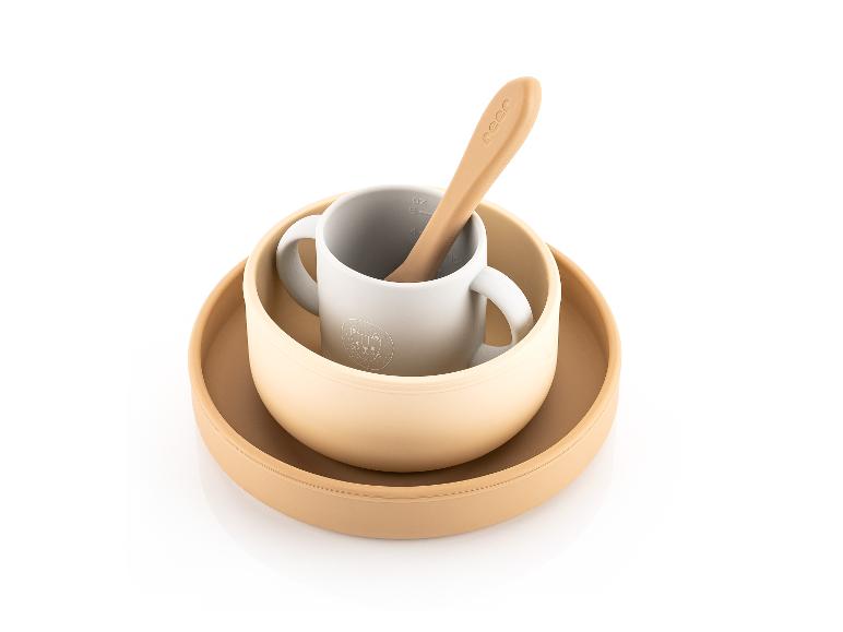 Neen Silikon-Essbesteck mit Schüssel, Tasse und Löffel.