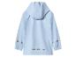 Hellblaue Kinder-Regenjacke mit reflektierenden Streifen, Rückansicht.