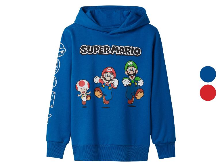 Blauer Kapuzenpullover für Kinder mit Super Mario-Motiv.