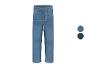 Blaue Straight-Leg-Jeans mit genähten Details, mit hell- und dunkelblauen Farbmustern.