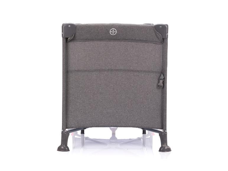 Graues, faltbares Reisebett für Babys mit „PRESS TO UNLOCK“-Logo