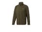 Olivgrüne Fleecejacke mit Reißverschluss und neongelbem Logo auf der Brust.