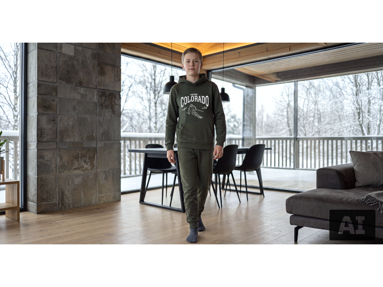 Junge in olivgrünem Trainingsanzug mit Kapuzenpullover und Hose in einem gemütlichen Raum.