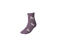 Lila Socke mit einem Muster aus weißen Einhörnern mit rosa Mähnen und Hörnern.