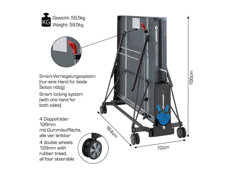 Klappbarer Tischtennistisch mit Rollen, 59,5 kg schwer, Maße 156x164x72 cm.