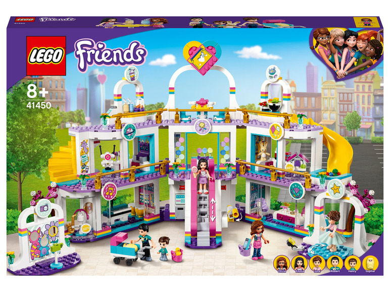 Lego Friends Einkaufszentrum mit verschiedenen Geschäften und Figuren.