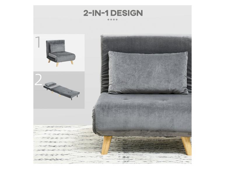 Graues 2-in-1 Schlafsofa mit Kissen, auf Holzbeinen, auf einem Teppich.