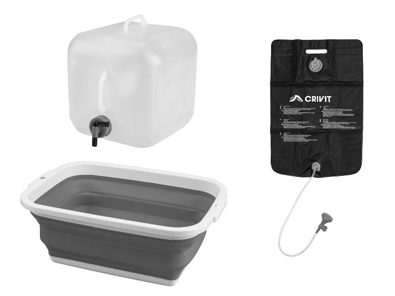 Wasserkanister mit Hahn, faltbare Schüssel und tragbare Campingdusche.