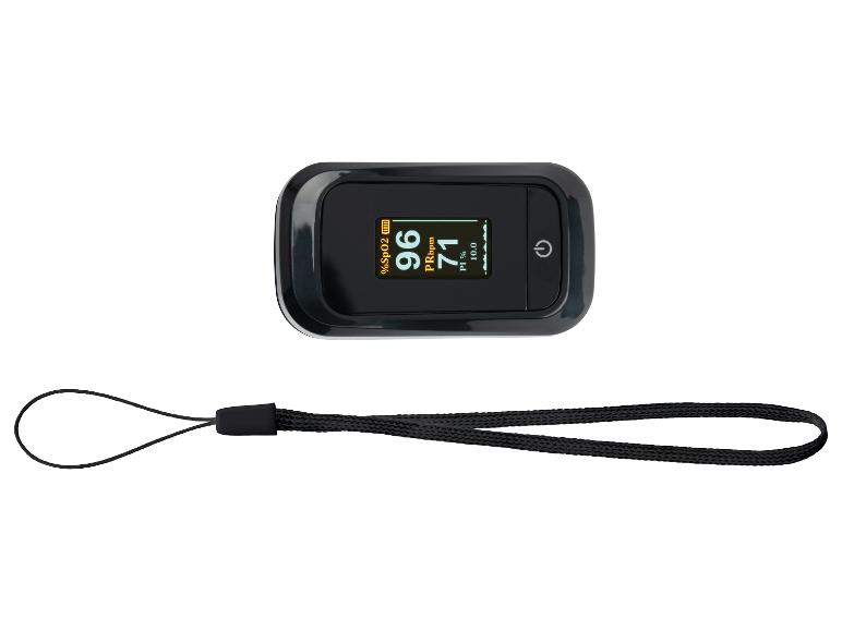 Schwarzes Pulsoximeter mit Display, das 96% SpO2 und 71 PRbpm anzeigt, mit Handschlaufe.